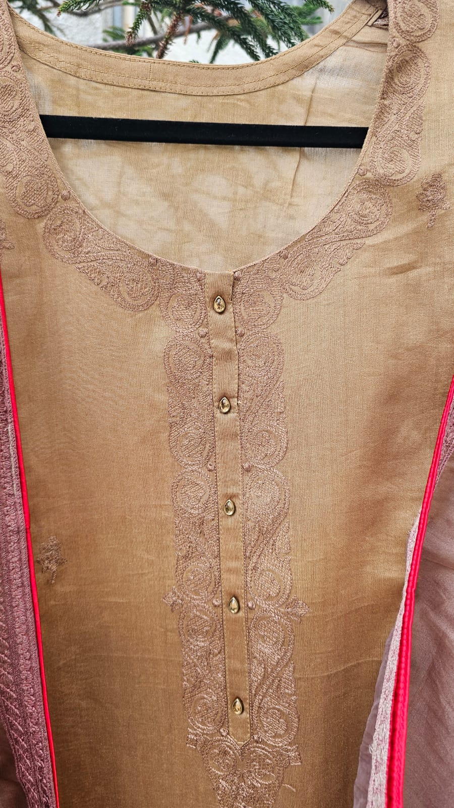 Chanderi Semi-stitched Suit Set in the Shade of Brown