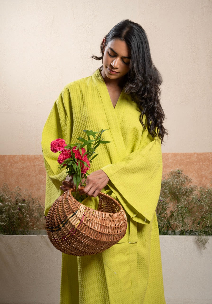 Green Unisex Cotton Waffle Bath Robe