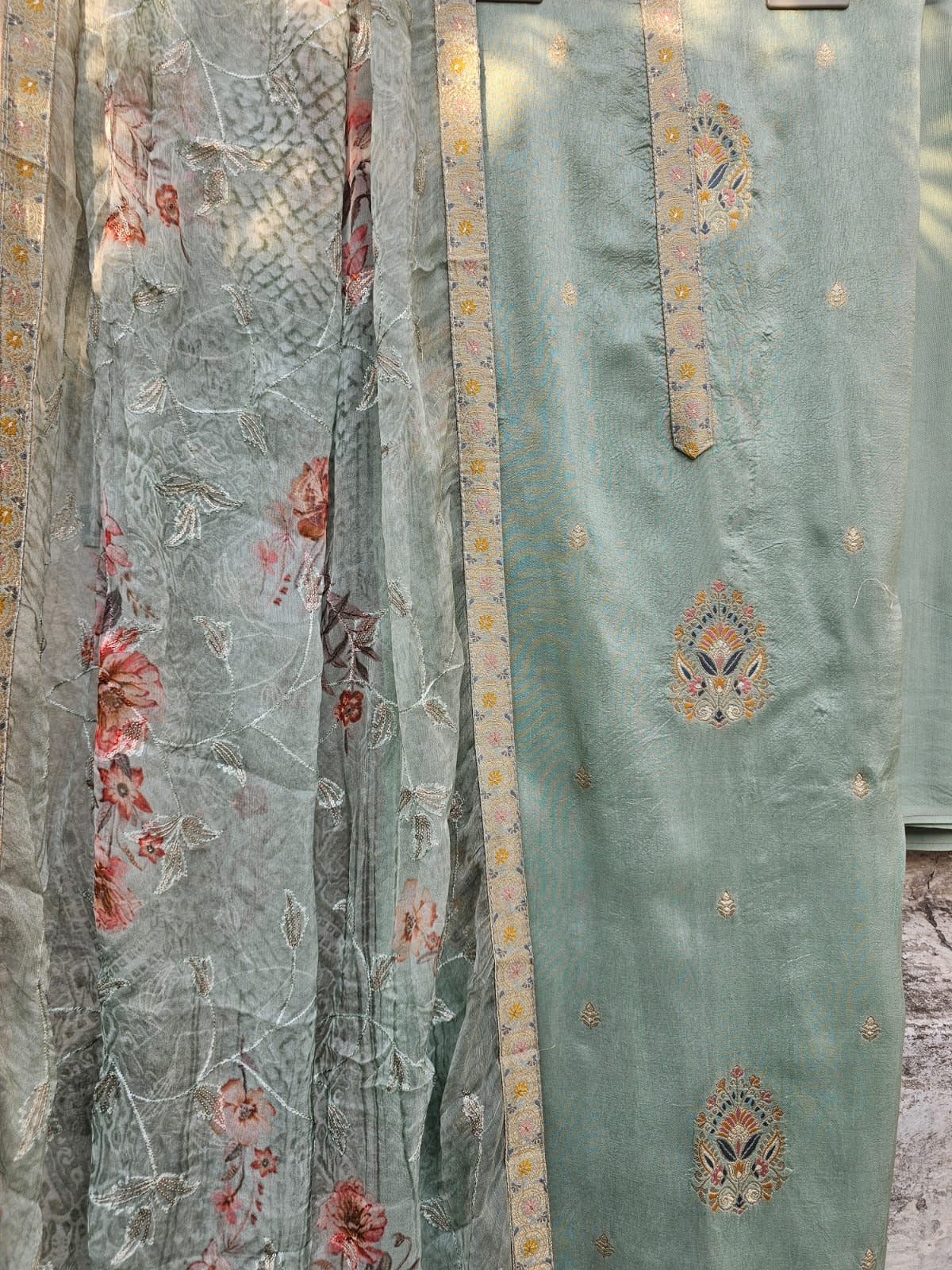 Cotton Silk Unstitched 3 Piece Unstitched Suit Set in Shade of Sea Green