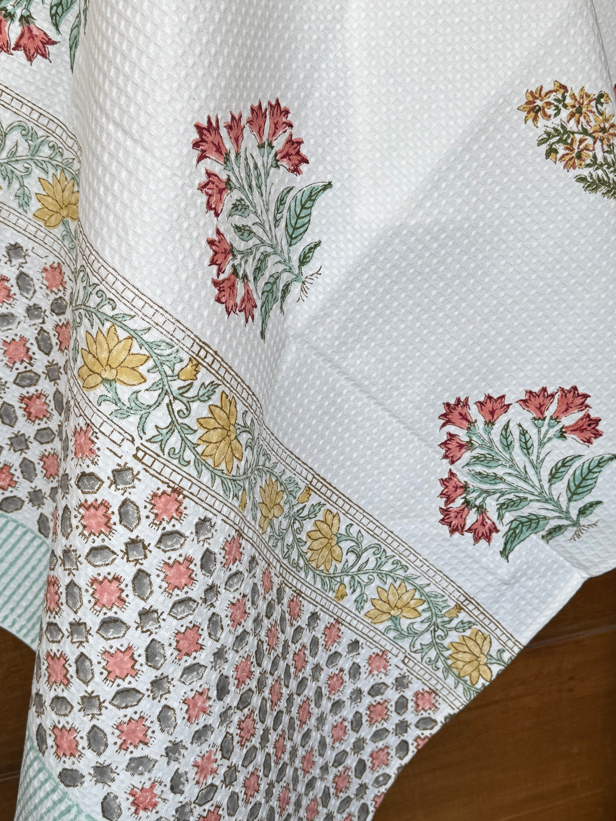 Elegant Flowers Blockprint Cotton Towel- Waffle Weave