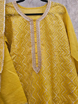 Festive 3 Piece Semi Stitched Suit Set with Gota work in Yellow Colour