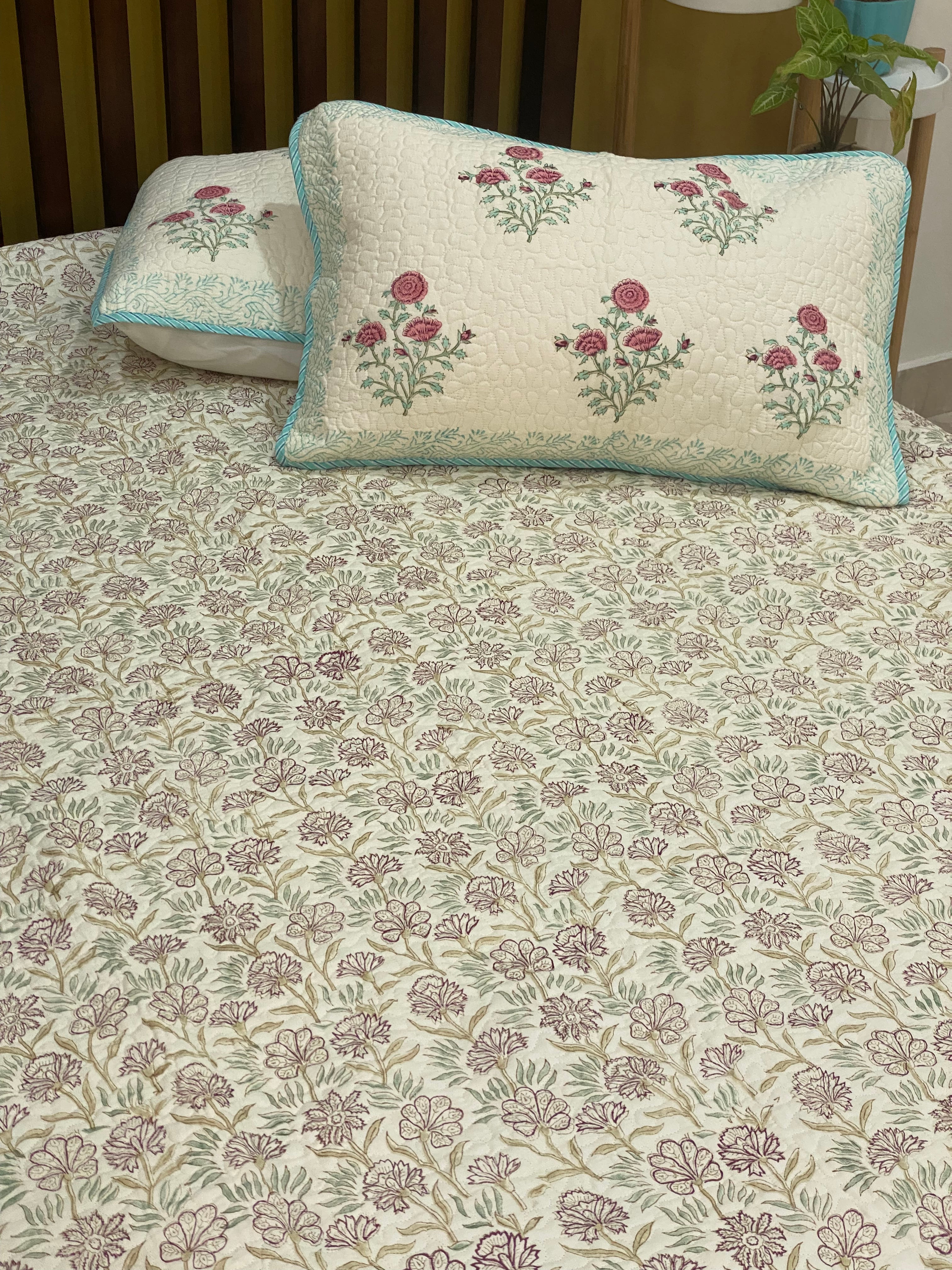 Quilted Blockprint REVERSIBLE Mulmul Bedcover- King Size