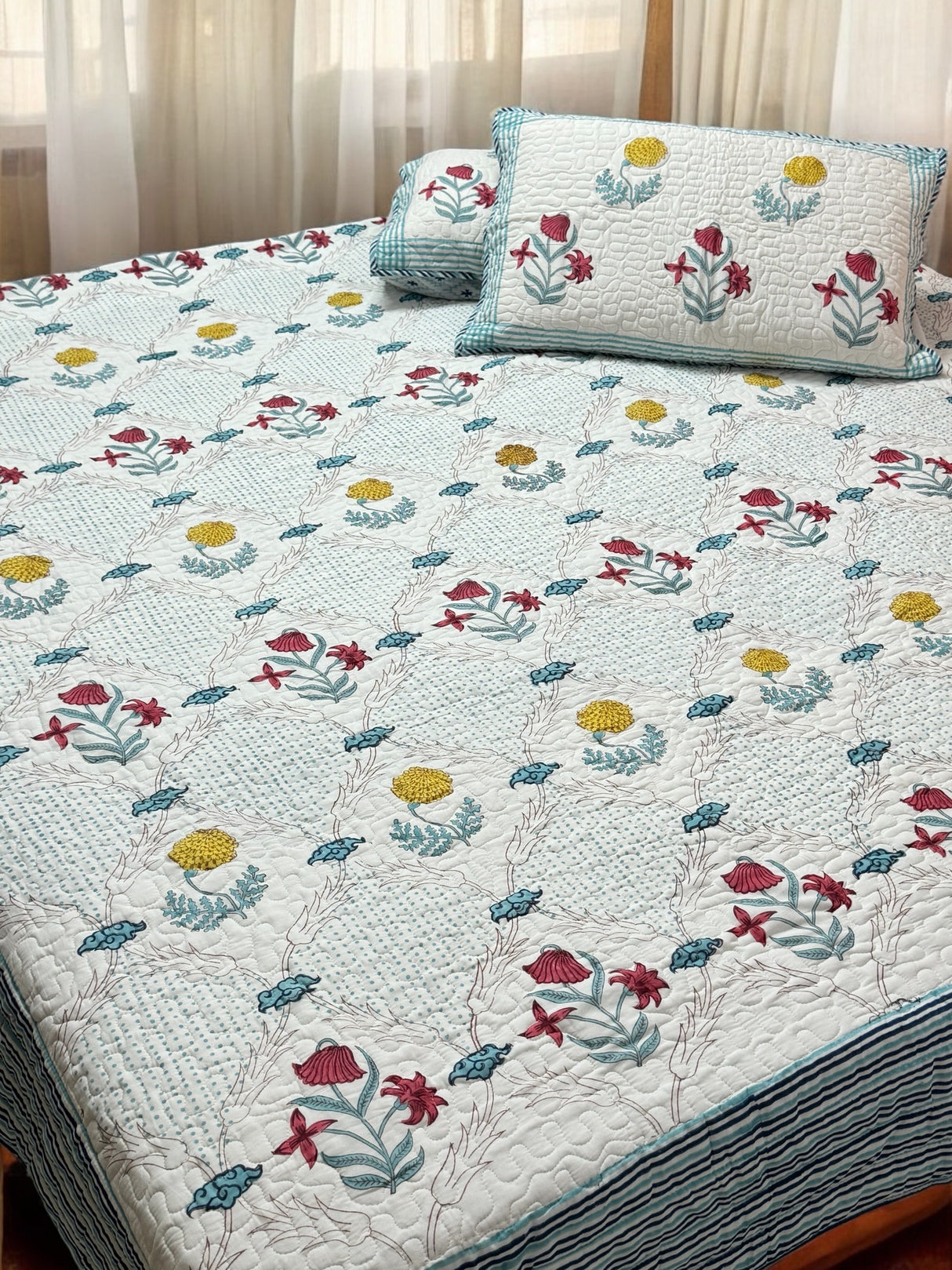 KING Size Quilted Blockprint REVERSIBLE Mulmul Bedcover (108*108 inches)