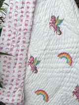 Unicorn Hand Block Printed Cotton Reversible Kids Quilt