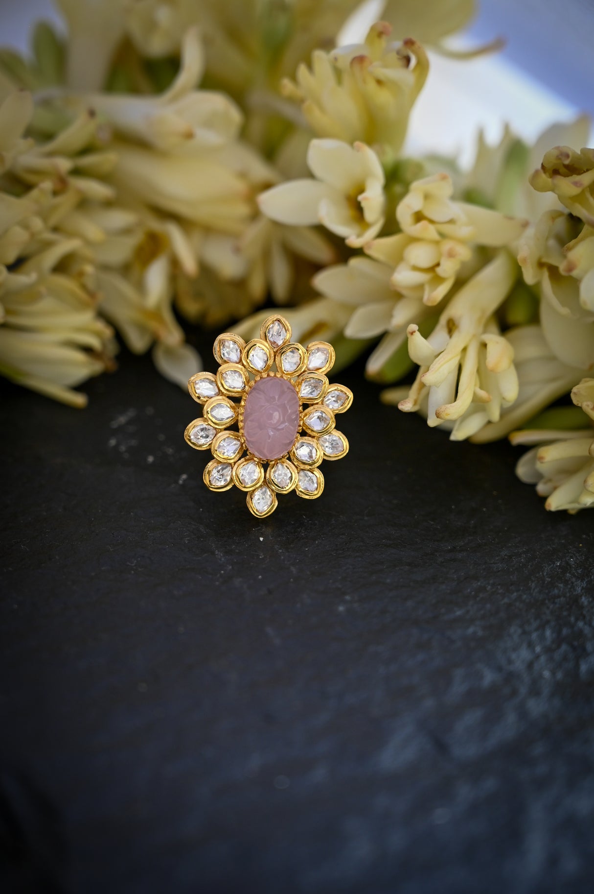 Handcrafted Adjustable 92.5 Silver Ring with Moissanite polki and Carved Pink Strawberry Bead