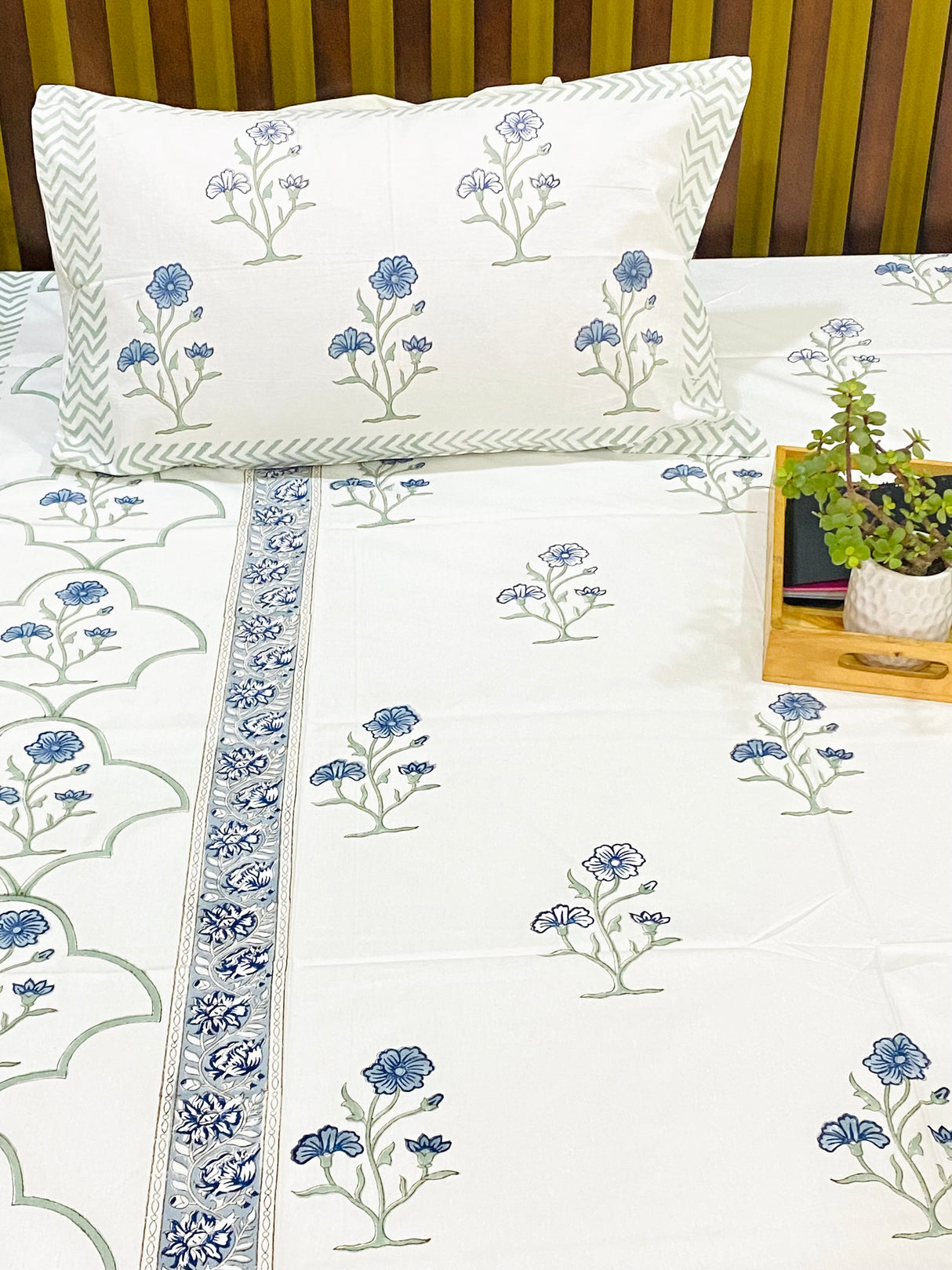 Blue Floral Blockprint Cotton Bedsheet