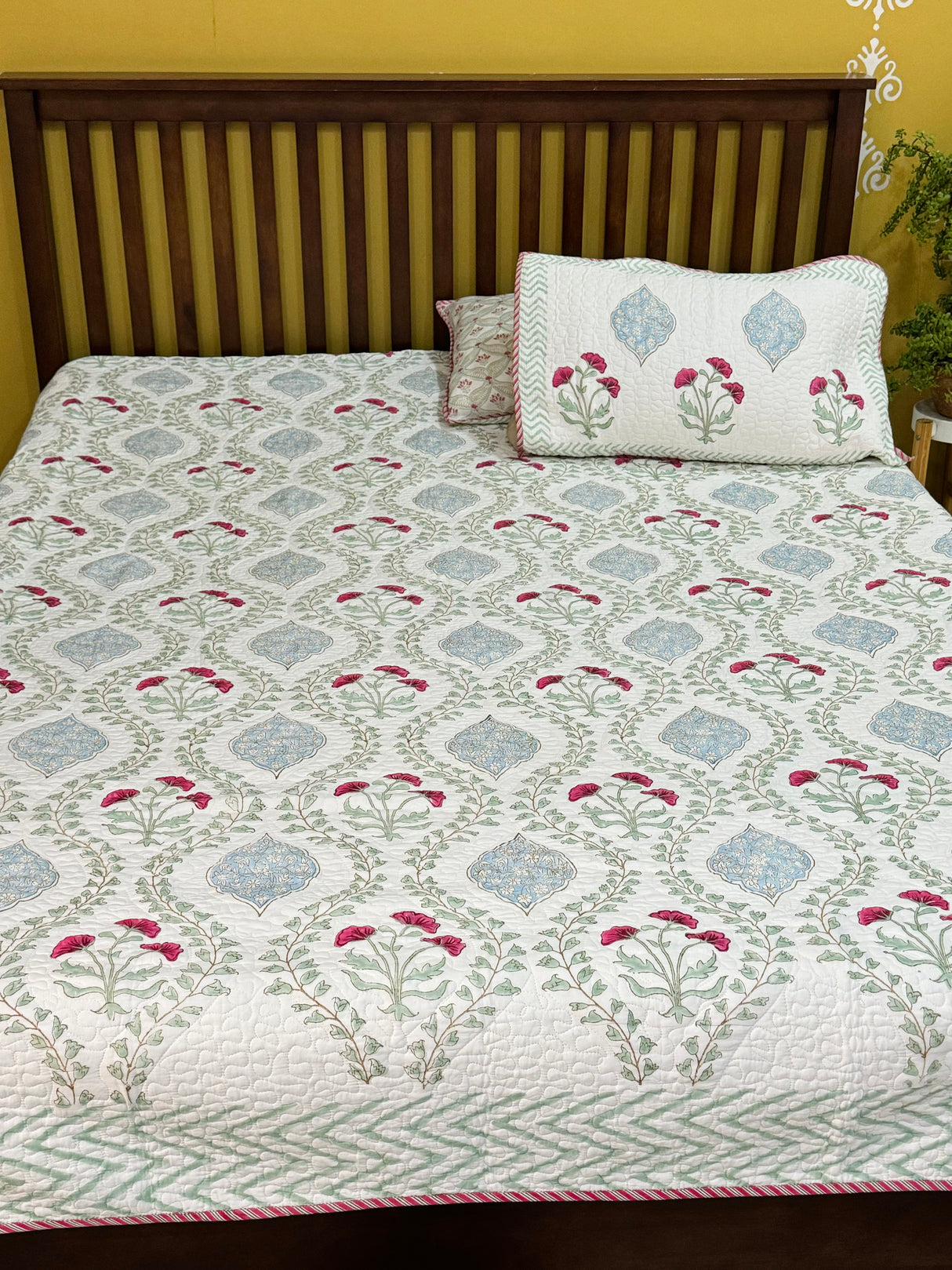 KING Size Quilted Blockprint REVERSIBLE Mulmul Bedcover (108*108 inches)