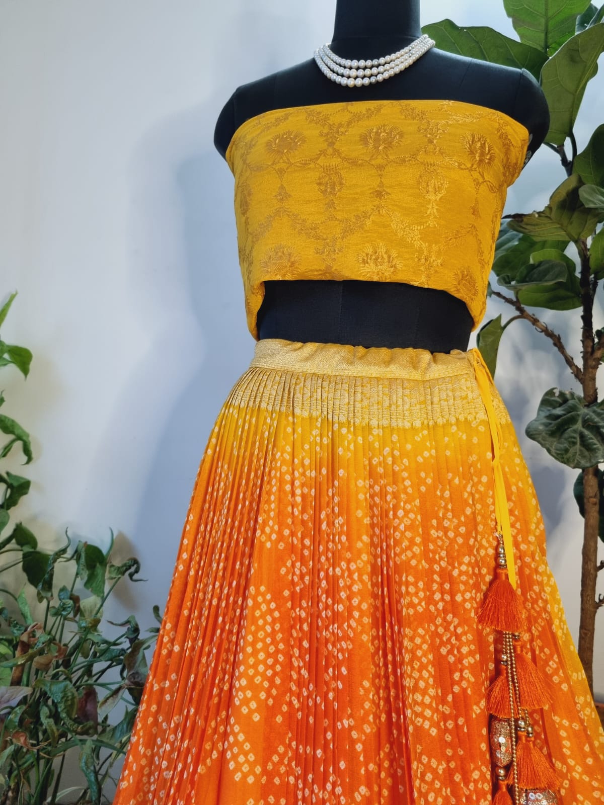 Yellow and Orange - Pure Banarsi georgette Rai Bandhani Lehenga