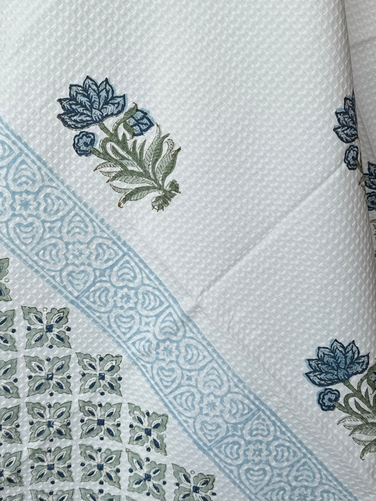 Elegant Blue Blockprint Cotton Towel- Waffle Weave