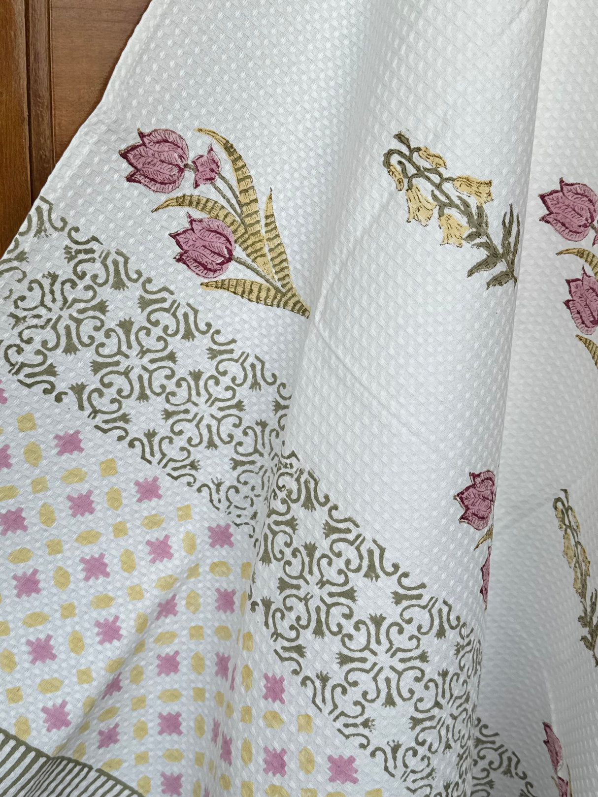 Elegant Mauve Blockprint Cotton Towel- Waffle Weave