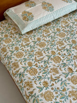 Charming Botanical Blockprint Cotton Bedsheet - Light Brown Base Color