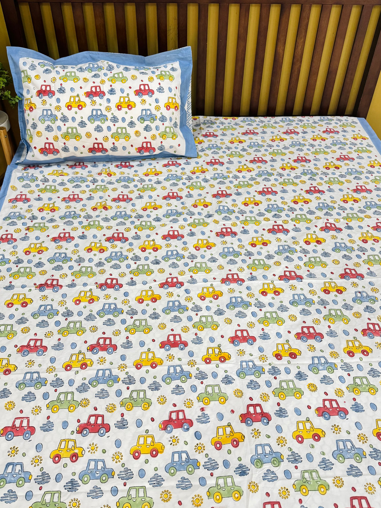 Cute Colorful Cars Handblock Printed Kids Cotton Bedsheet
