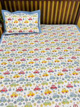 Cute Colorful Cars Handblock Printed Kids Cotton Bedsheet