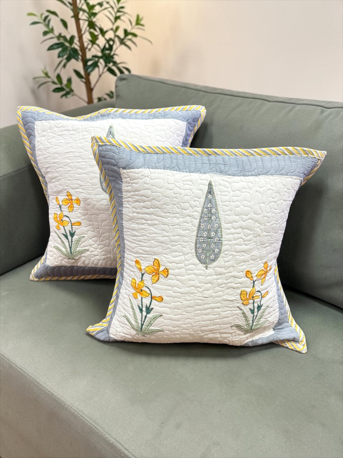 Pair of Quilted Handblock Printed Cushion Covers- 16*16 inches