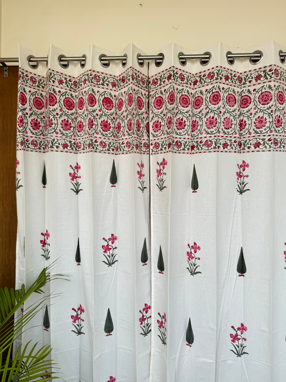 Elegant Pink Floral Blockprint Cotton Curtain