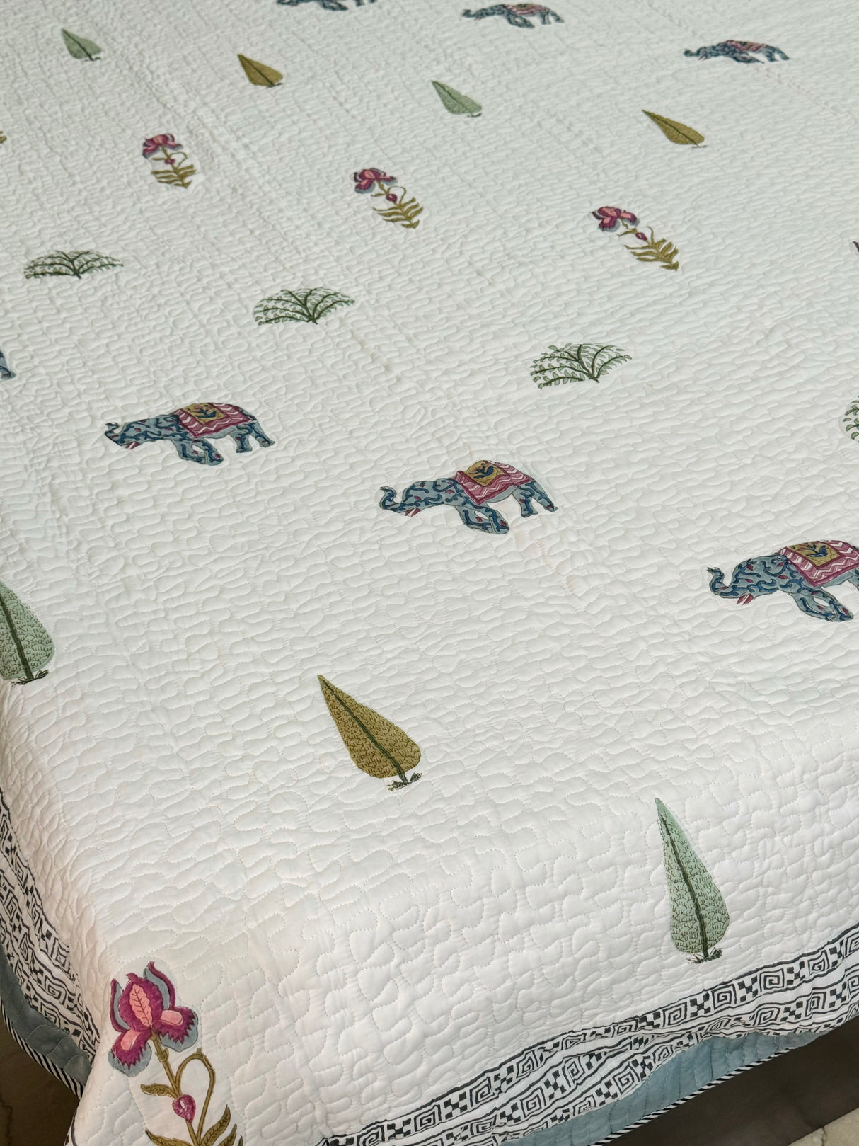 KING Size Quilted Blockprint REVERSIBLE Mulmul Bedcover (108*108 inches)