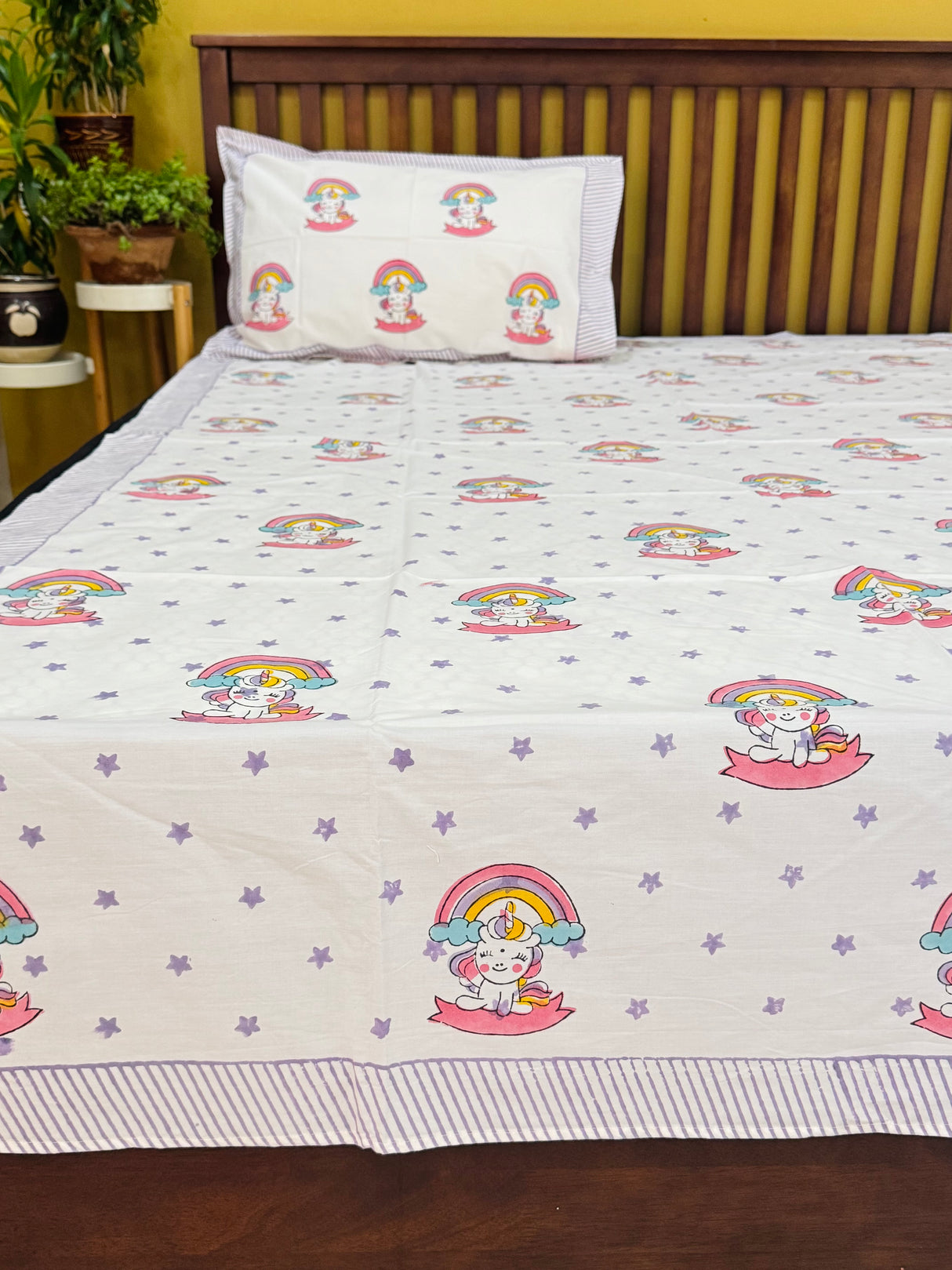 Unicorn World Handblock Printed Kids Cotton Bedsheet