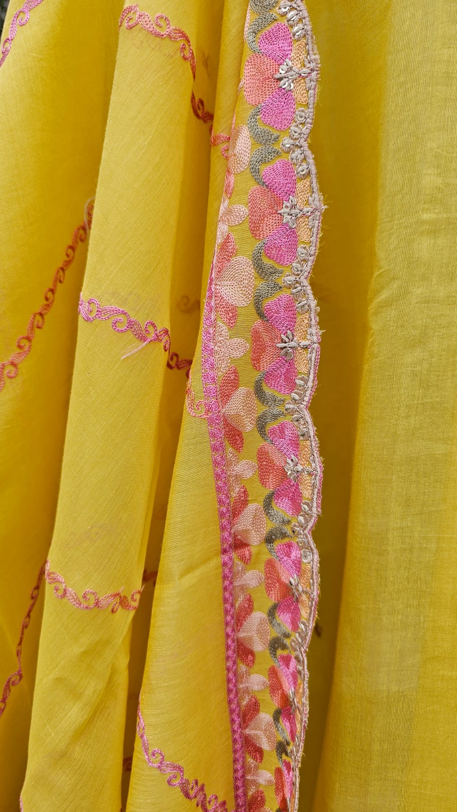 Lovely Yellow 3-pc Chanderi Mulmul Semi Stitched Suit Set