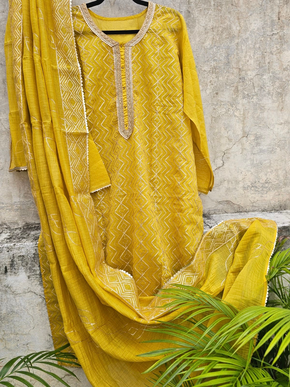 Festive 3 Piece Semi Stitched Suit Set with Gota work in Yellow Colour