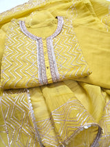 Festive 3 Piece Semi Stitched Suit Set with Gota work in Yellow Colour