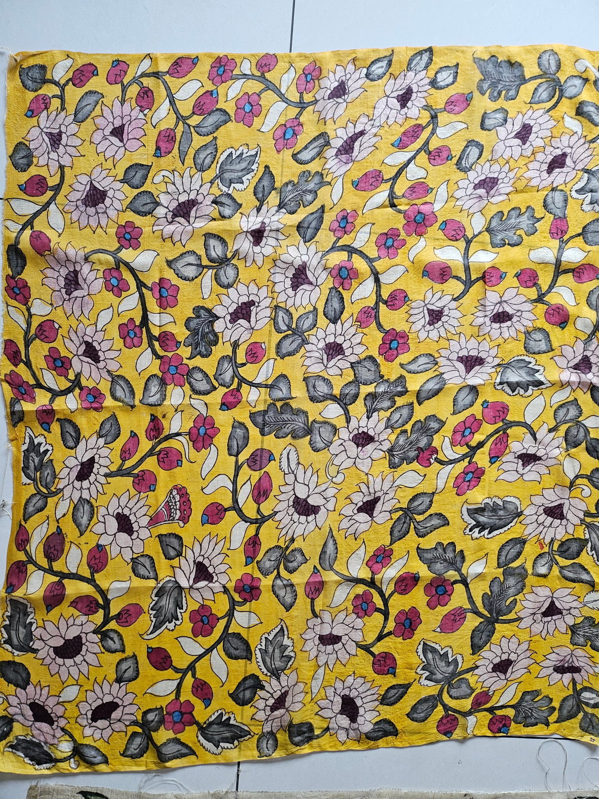 Yellow Handloom Mulberry Silk Pen Kalamkari Blouse Fabric