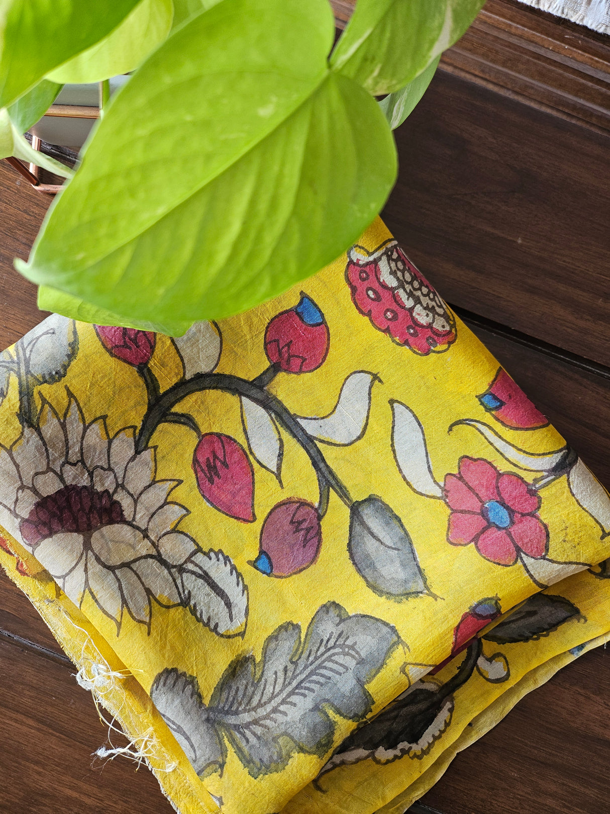 Yellow Handloom Mulberry Silk Pen Kalamkari Blouse Fabric