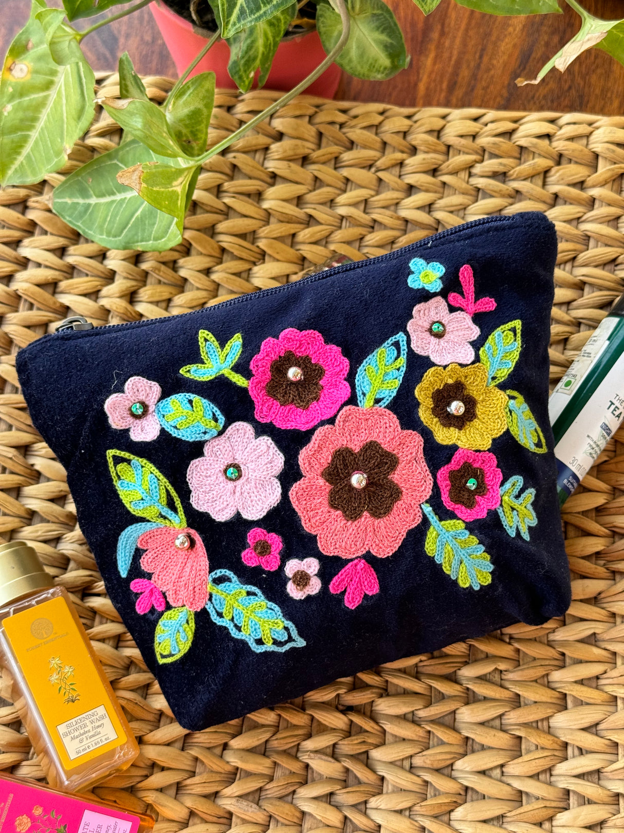 Embroidered Small Multipurpose Velvet Quilted Pouch/ Bag