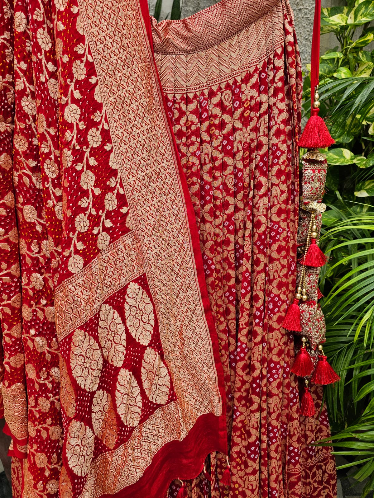 Mesmerizing Red Pure Banarsi Georgette Bandhani Lehenga