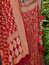 Mesmerizing Red Pure Banarsi Georgette Bandhani Lehenga