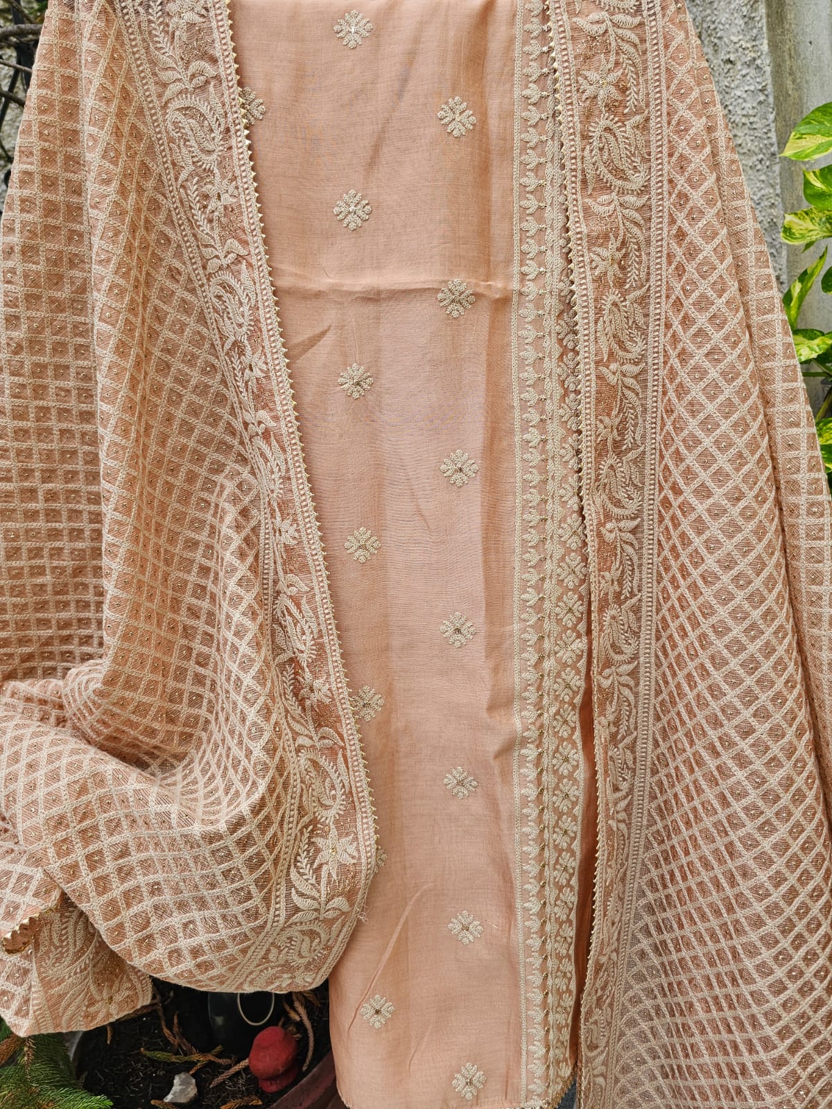 3 Piece Chanderi mulmul Unstitched Suit Set in Shade of Peach