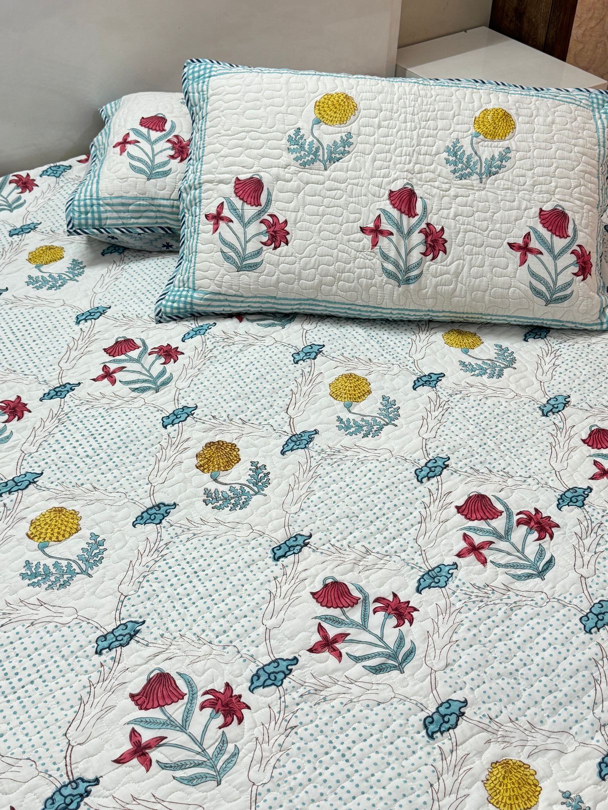 KING Size Quilted Blockprint REVERSIBLE Mulmul Bedcover (108*108 inches)