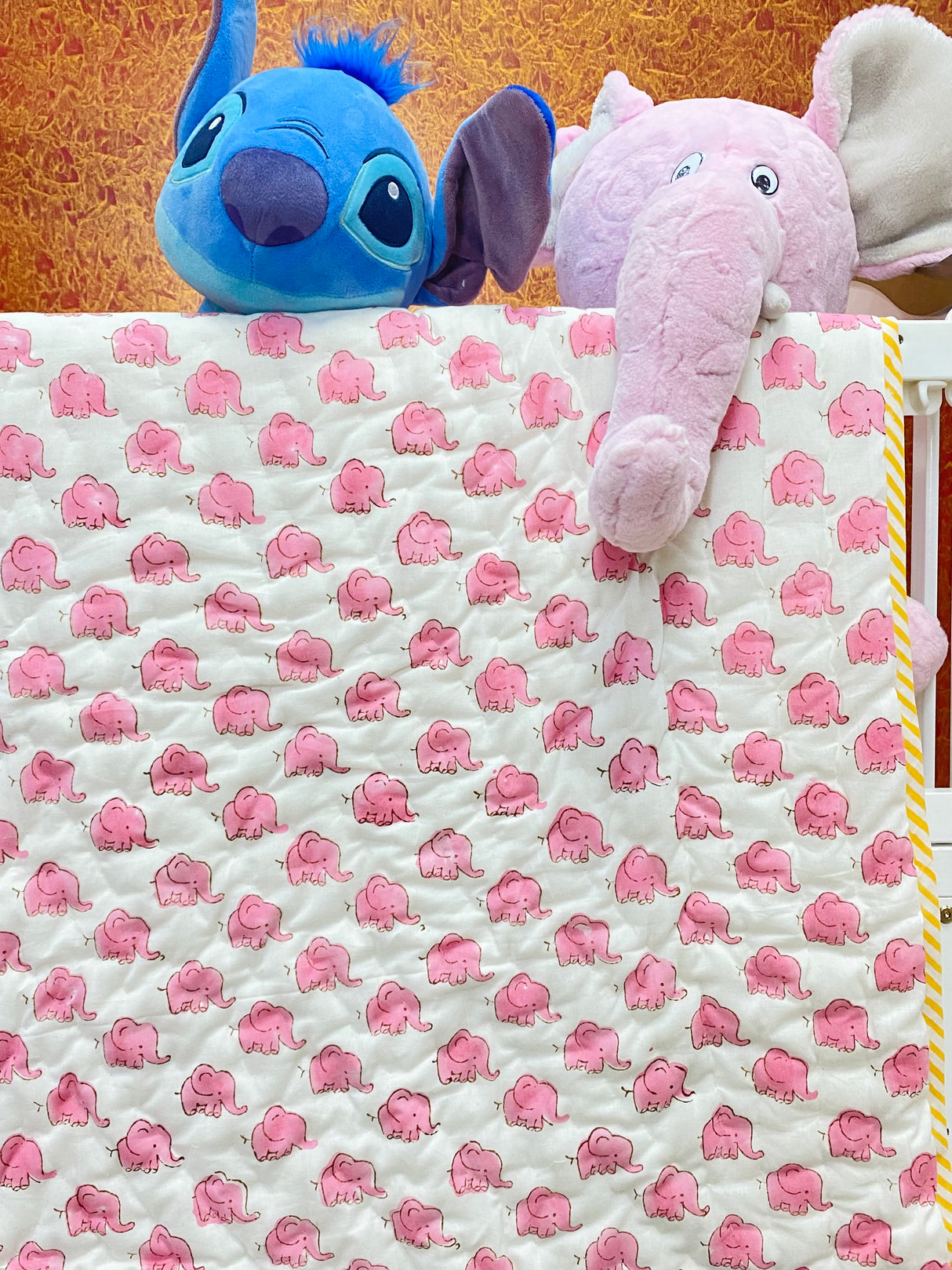 Cot Set-Elephant Blockprint (1 quilt, 1 pillow, 2 bolsters)