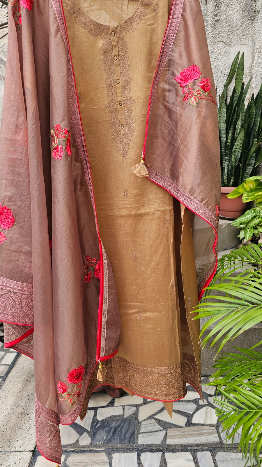 Chanderi Semi-stitched Suit Set in the Shade of Brown