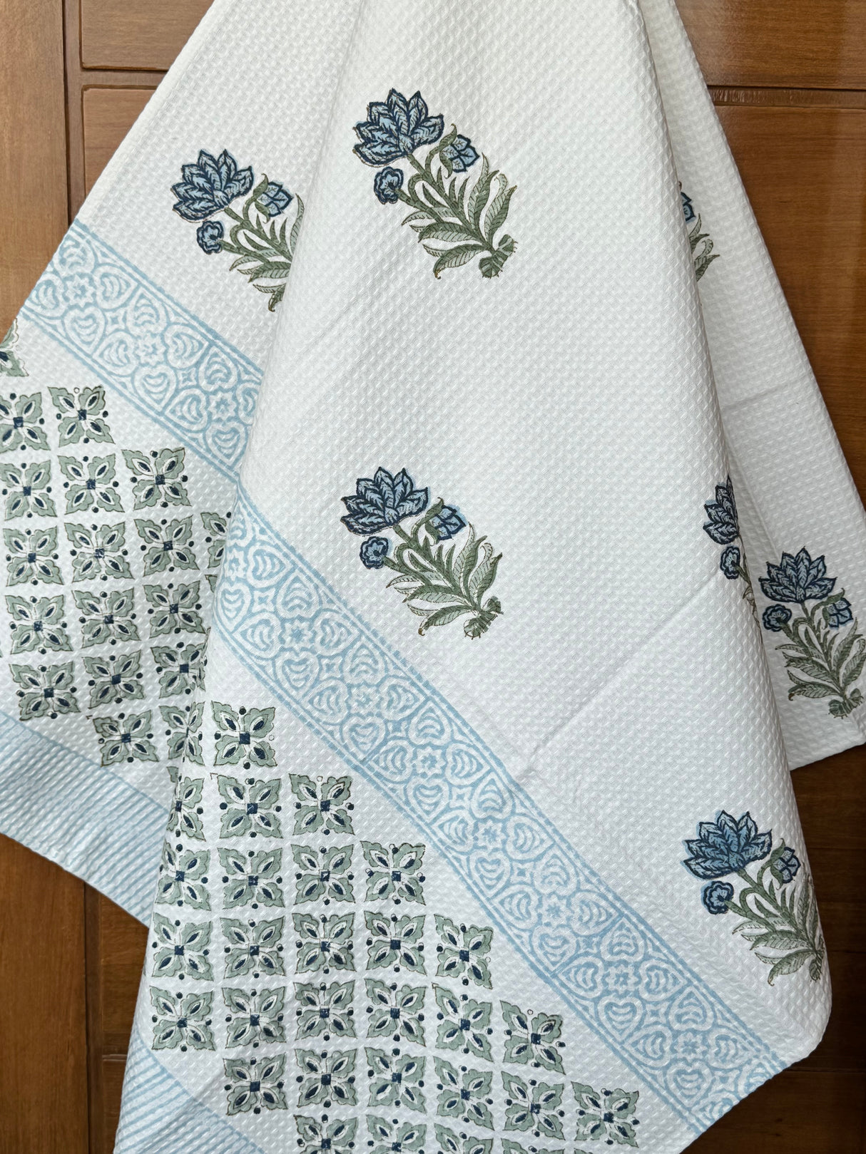 Elegant Blue Blockprint Cotton Towel- Waffle Weave