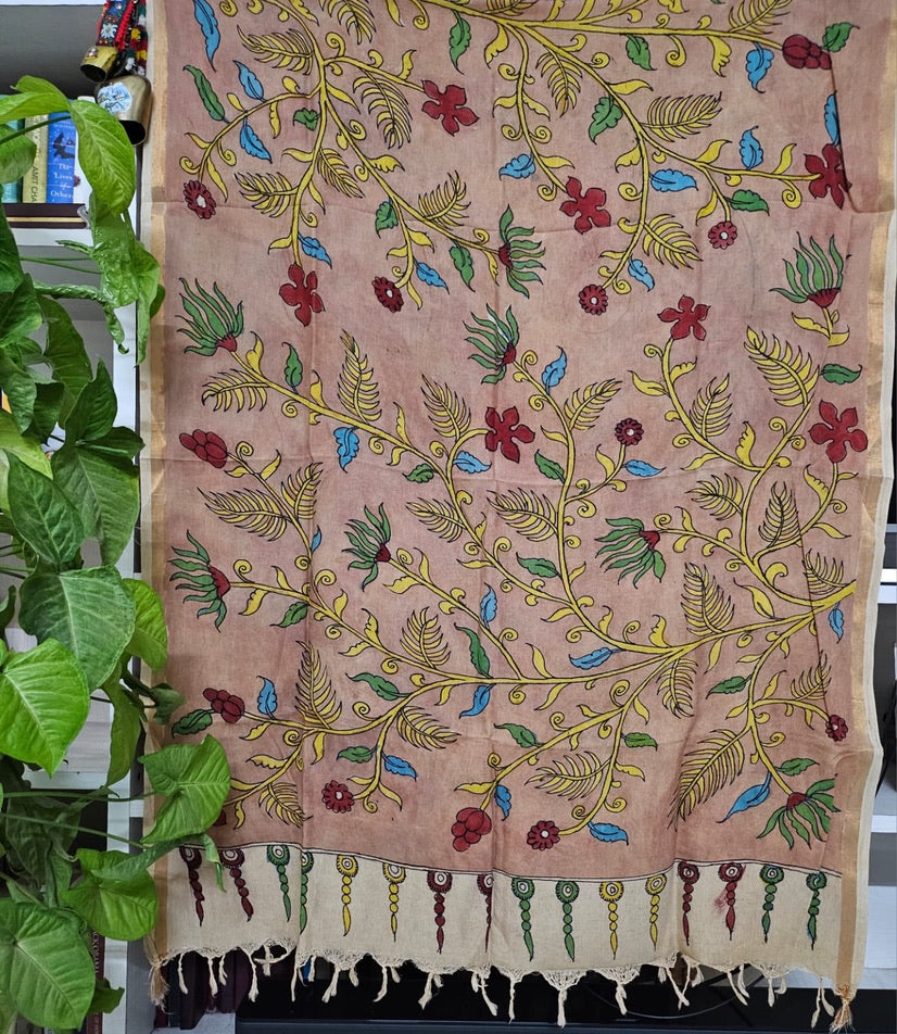 Handloom Mulmul Jamdani Fabric With Bangalore Silk Kalamkari Dupatta.