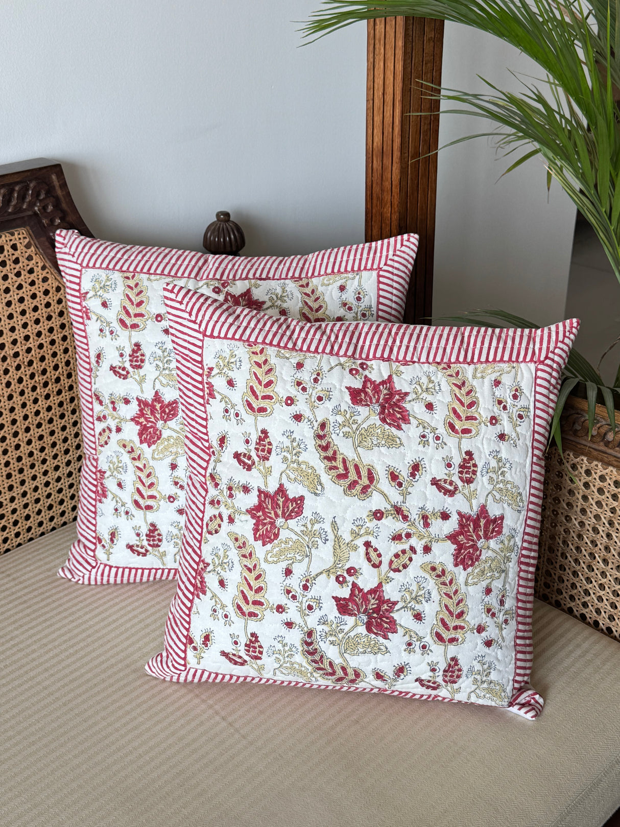 Pair of Quilted Handblock Printed Cushion Covers- 16*16 inches