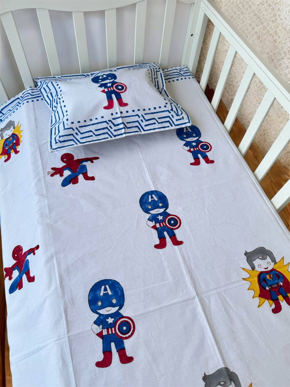 Cot Sheet- Super Hero Blockprint Cotton -Cot Size (60-40 inches)