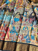 Indian Mythological Theme(Krishna Leela) Pure Kanjeevaram Silk Kalamkari Saree