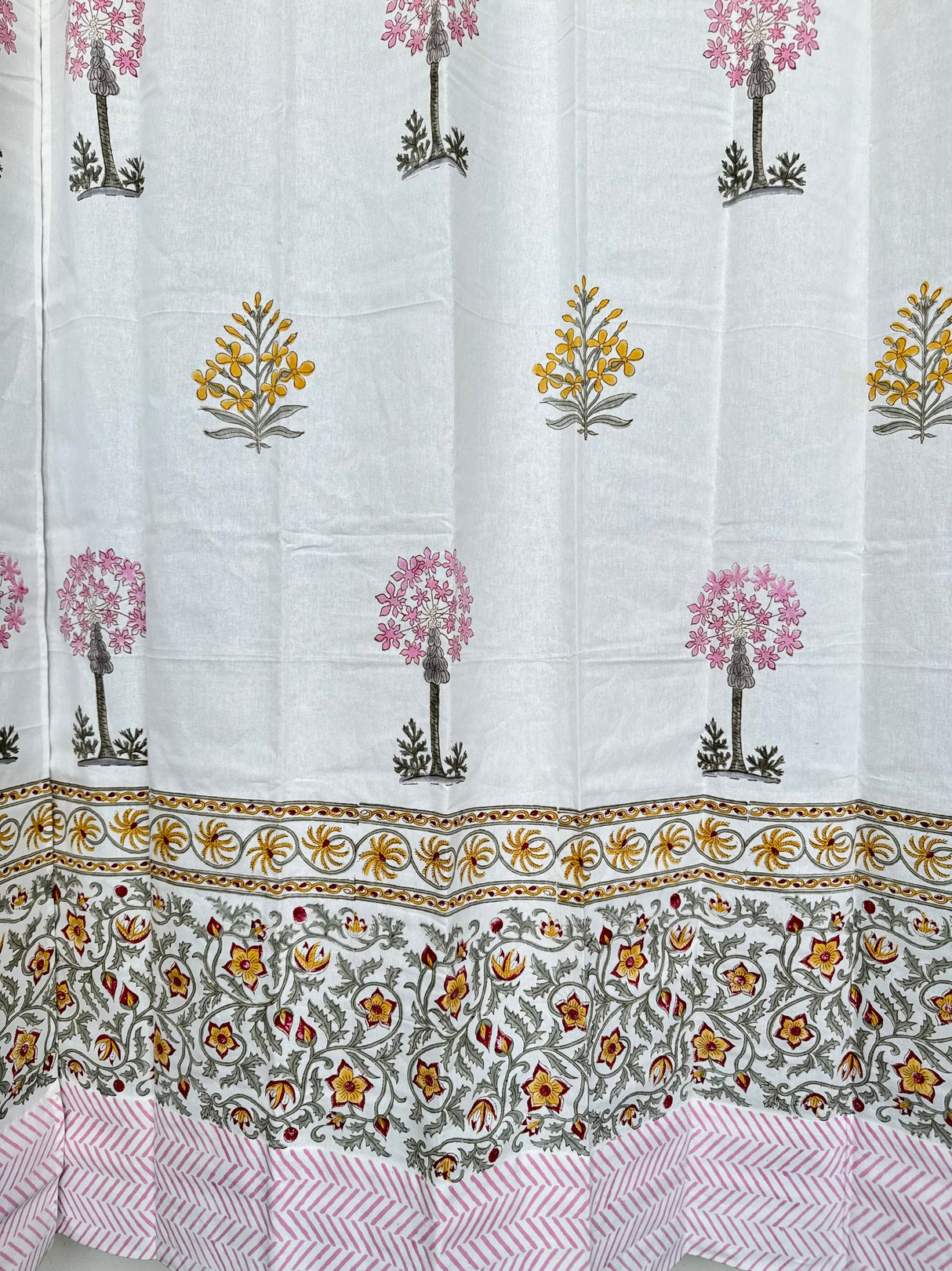 Pretty Pink Yellow Blockprint Cotton Curtain