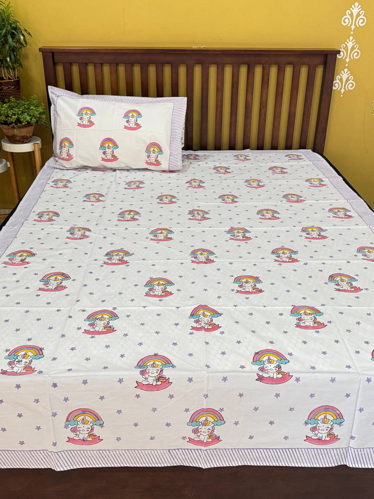 Unicorn World Handblock Printed Kids Cotton Bedsheet