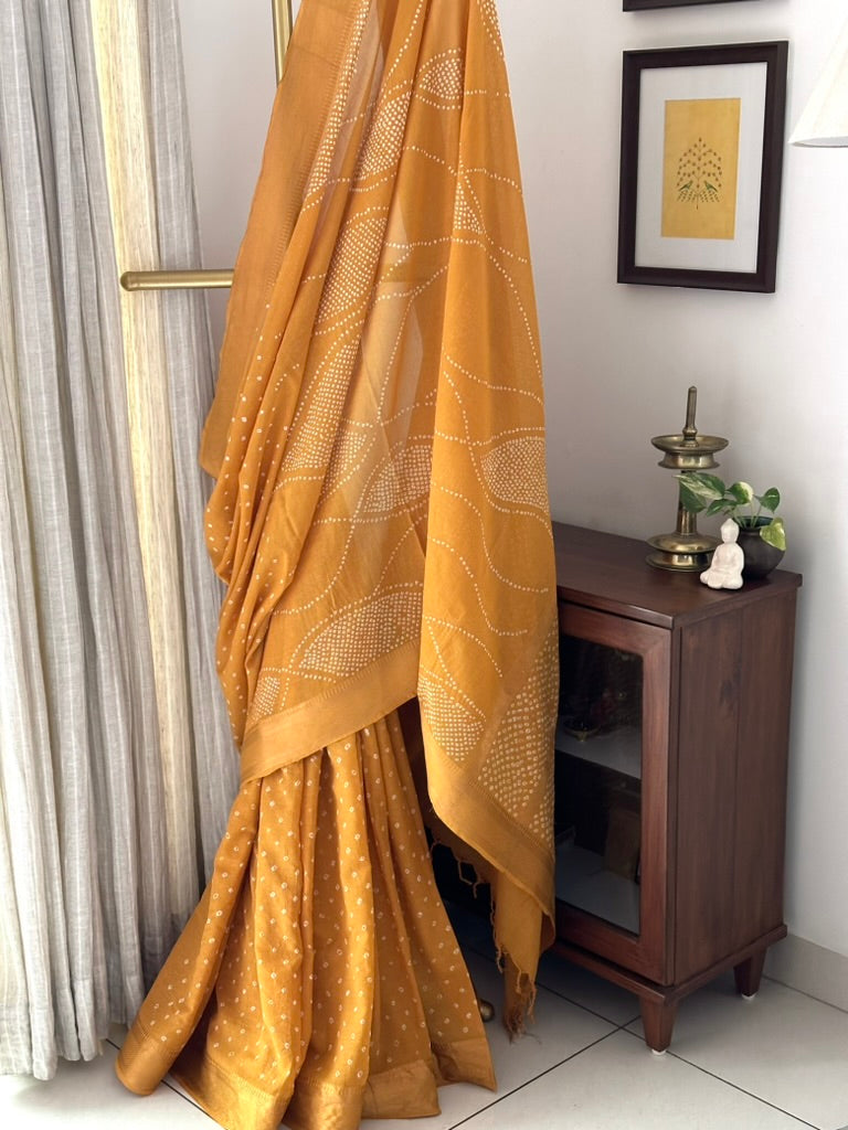 Yellow Ocre Half and Half Mangalagiri Cotton Bandhani Saree