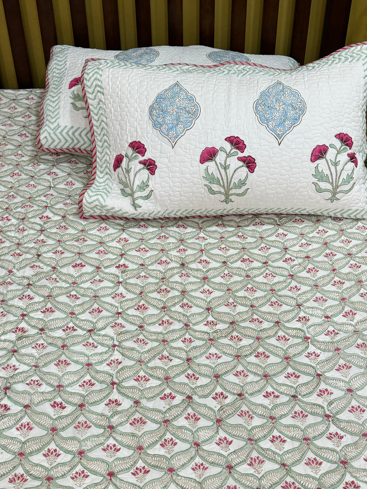 KING Size Quilted Blockprint REVERSIBLE Mulmul Bedcover (108*108 inches)