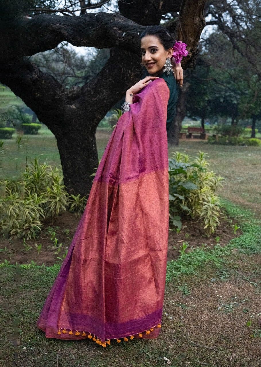 Handloom Tissue Linen Saree in Dual Shade Plum and Copper