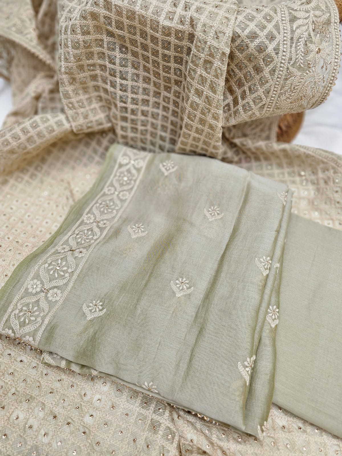 3 Piece Chanderi mulmul Unstitched Suit Set in Shade of Green