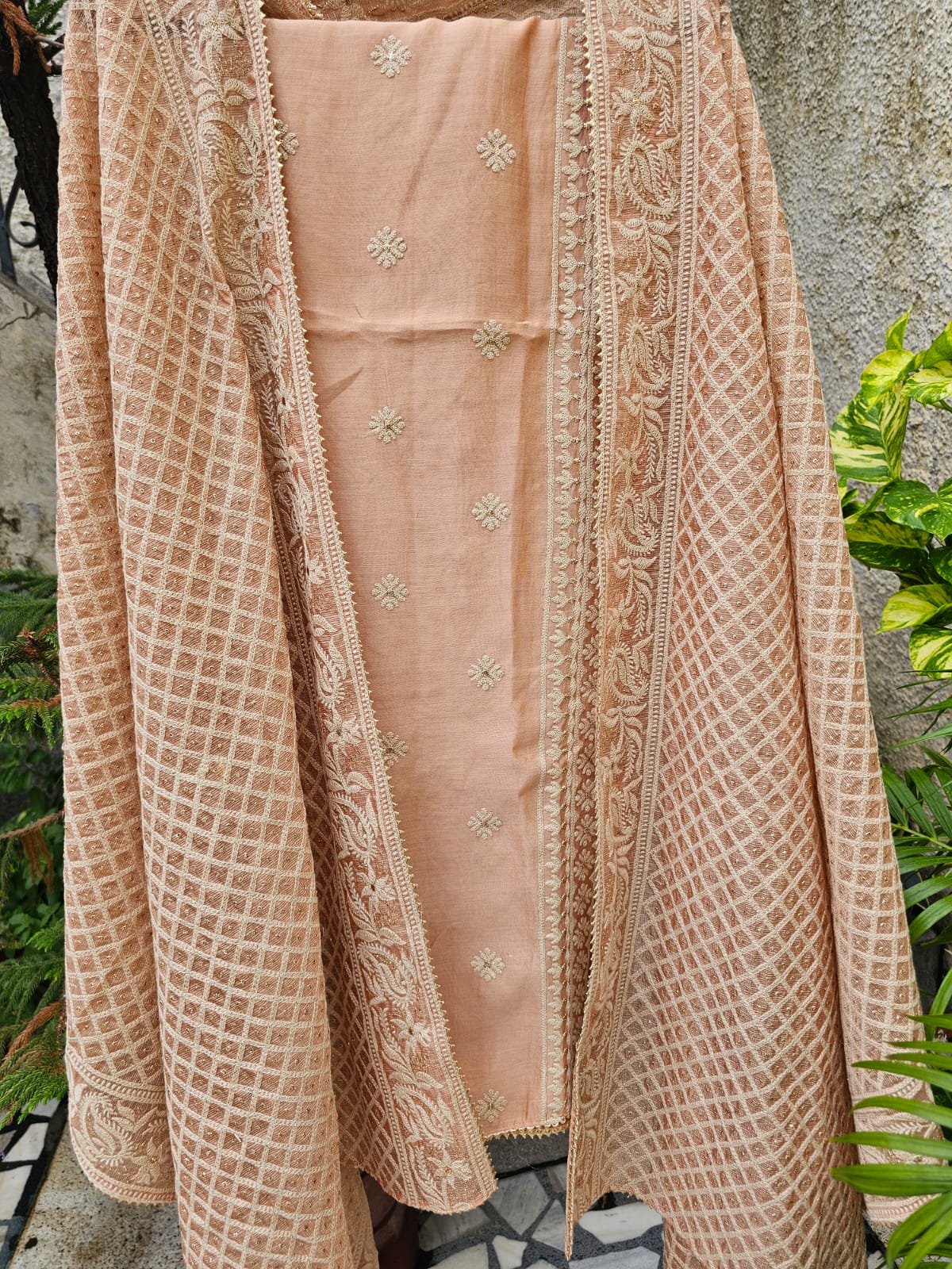 3 Piece Chanderi mulmul Unstitched Suit Set in Shade of Peach