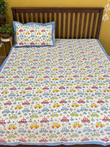 Cute Colorful Cars Handblock Printed Kids Cotton Bedsheet