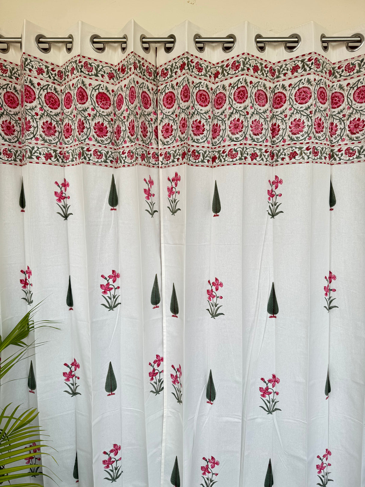 Elegant Pink Floral Blockprint Cotton Curtain