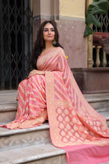 Peach Pure Banarsi Gerogette Bandhani Saree