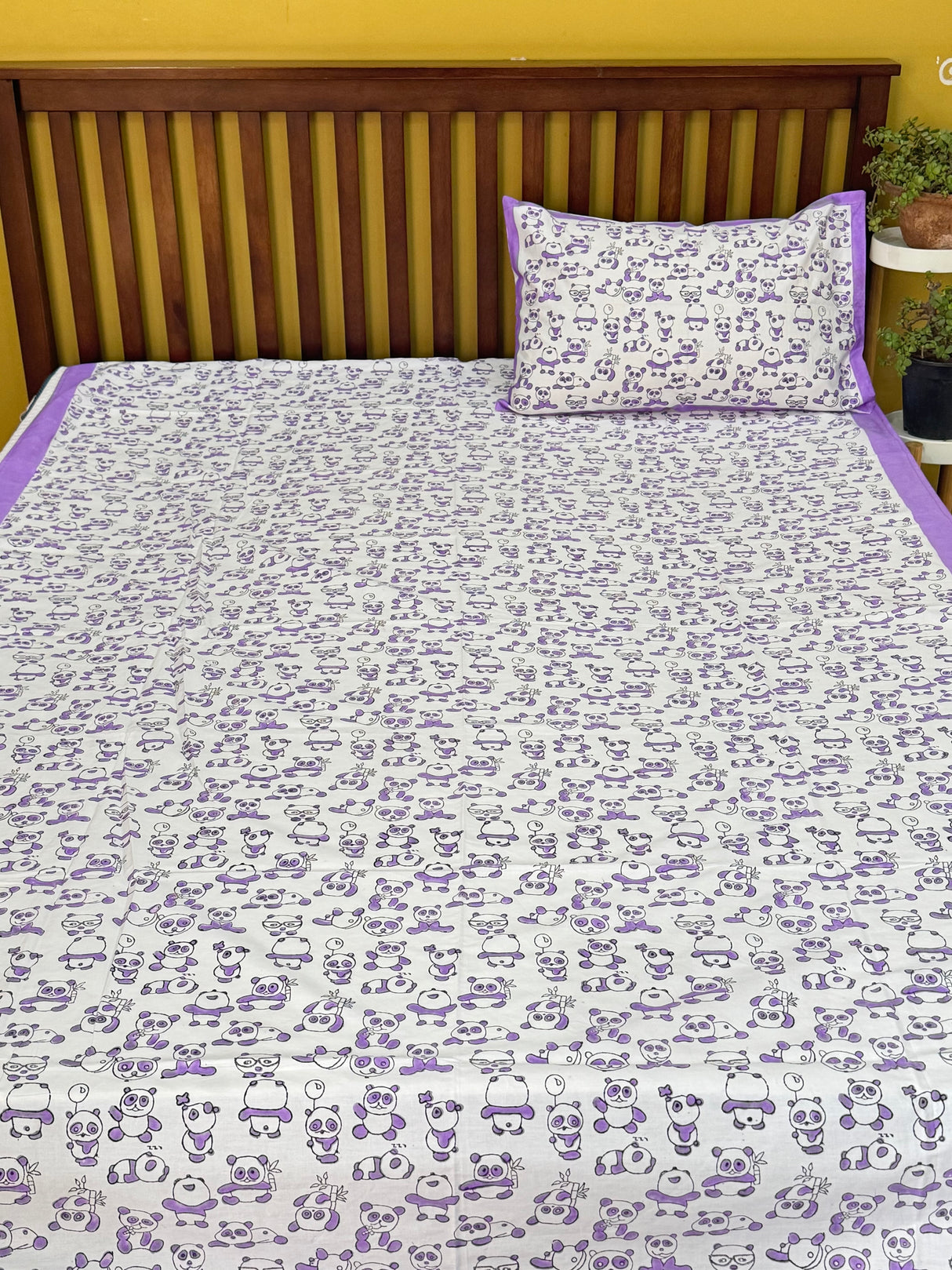 Purple Panda Blockprint Cotton Bedsheet