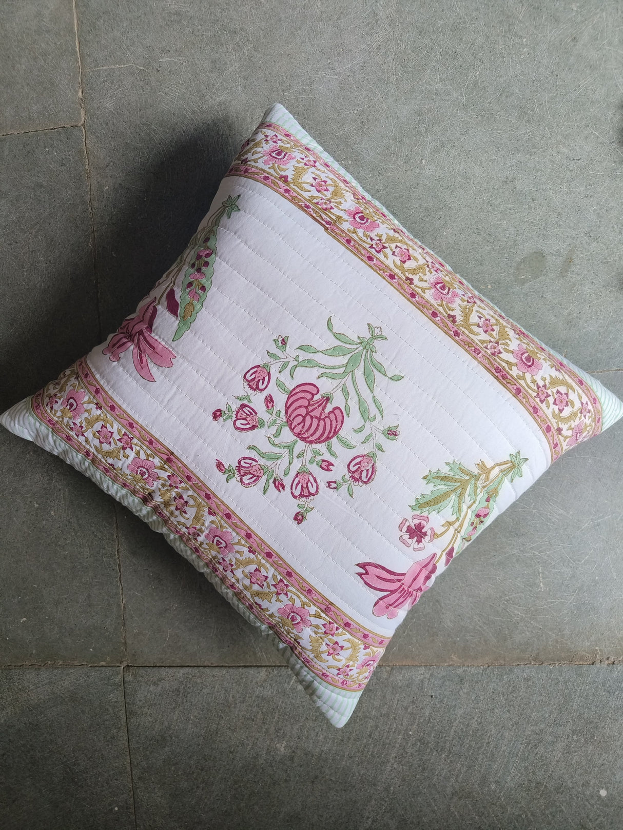 Pair of Quilted Handblock Printed Cushion Covers- 16*16 inches